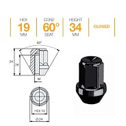 Гайка M12x1.25 L34 H19 SB конус Ellis N19ACN34CST08